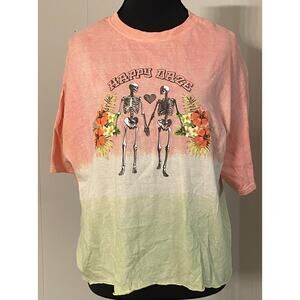 Happy Daze Skeleton Graphic Tee Pastel Ombre Pink Green Goth Tee LG Spooky Cute